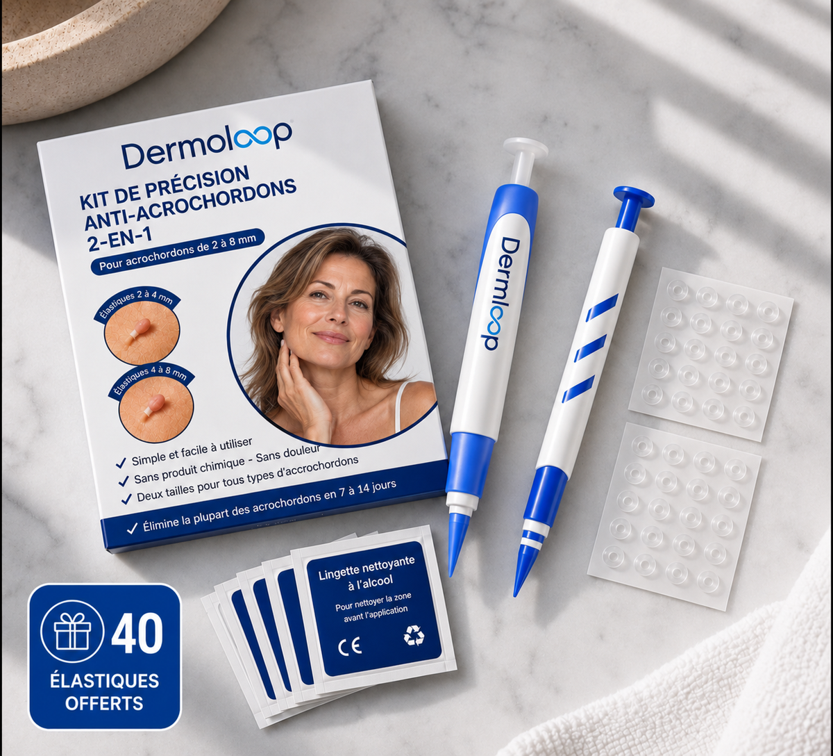 Applicateur de précision DermoLoop et son packaging bleu pour petits excès de peau
